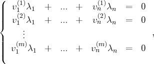(   (1)                 (1)
|||  v1(2)λ1  +   ... +   v n(2)λn  =   0
||{  v1  λ1  +   ... +   v n λn  =   0
..                              ,
||   (m.)                (m)
|||(  v1  λ1  +   ... +   vn  λn  =   0
