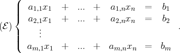    (
|   a1,1x1  +   ...  +   a1,nxn   =   b1
||{
(E)    a2,1.x1  +   ...  +   a2,nxn   =   b2 .
||     ..
|(  a   x   +   ...  +  a   x    =  b
m,1 1               m,n  n      m
